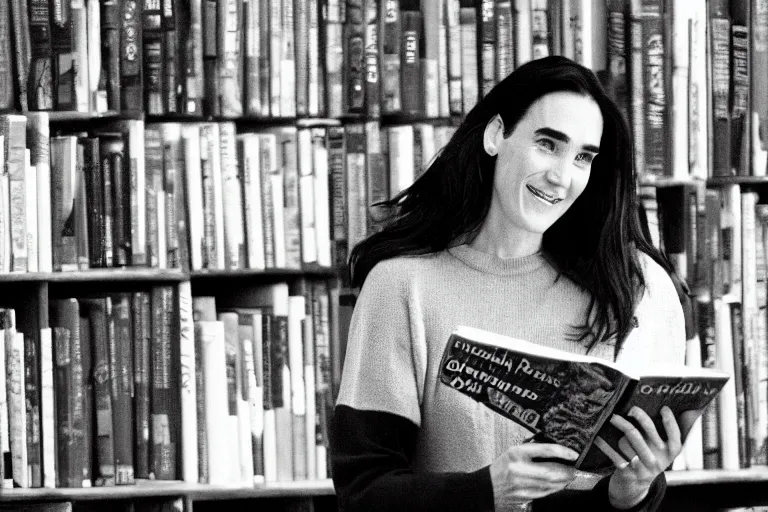 Image similar to jennifer connelly smiling and reading a book in a bookshop, sketching, muted tones, storyboard