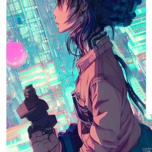 Prompt: very very high - angle, a grungy cyberpunk anime, very cute, by super ss, cyberpunk fashion, curly pink hair, night sky by wlop, james jean, victo ngai, highly detailed