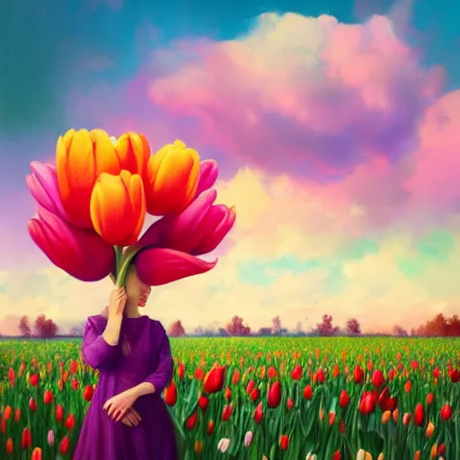 Image similar to girl with a giant tulip head, surreal photography, flower field, sunset dramatic light, impressionist painting, colorful clouds, blue sky, digital painting, artstation, simon stalenhag