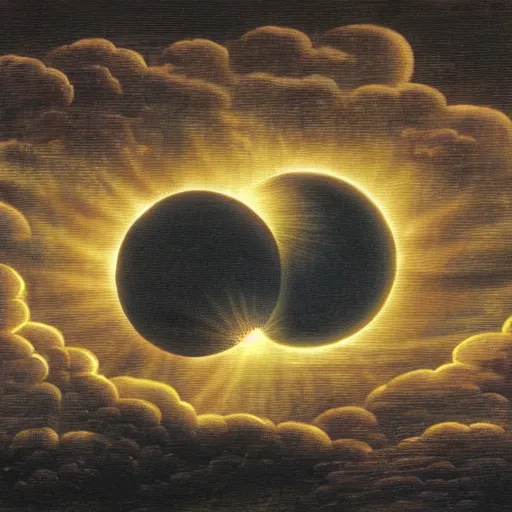 Prompt: dark solar eclipse, above a village, highly detailed, studio 4 k quality, by evelyn de morgan