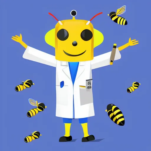 Image similar to a bee who is a scientist in a lab coat, colored pencils, low poly render, vector art, flat colors, by eric carle, icon, dark background