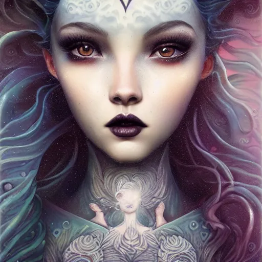 Prompt: tom bagshaw, ocean depths waves in lovecraftian world, beautiful asian mix of dove cameron madison beer bella poarch in a full dress, gothic makeup, professionally retouched, focus eyes, ultra realistic soft painting, insanely detailed linework, symmetrical accurate intricate features, behance, 8 k