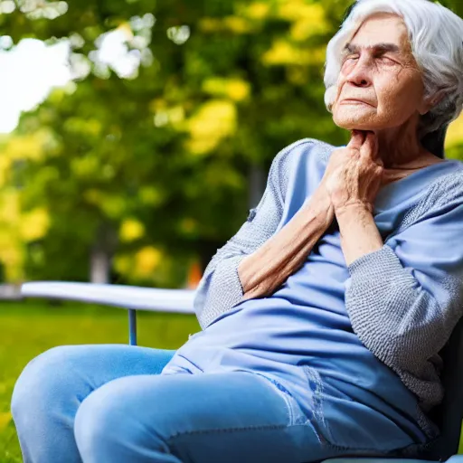 Prompt: an older woman with copd sitting in a park on oxygen, 4 k,