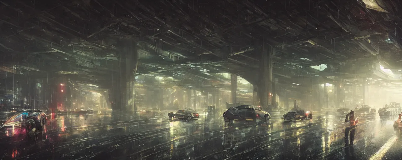 Image similar to under a highway bridge of a cyberpunk city, rain, night, flying shuttles, advertising pannels, rays of light, james gurney, greg rutkowski, unreal engine 5, artstation, sharp focus, award winning