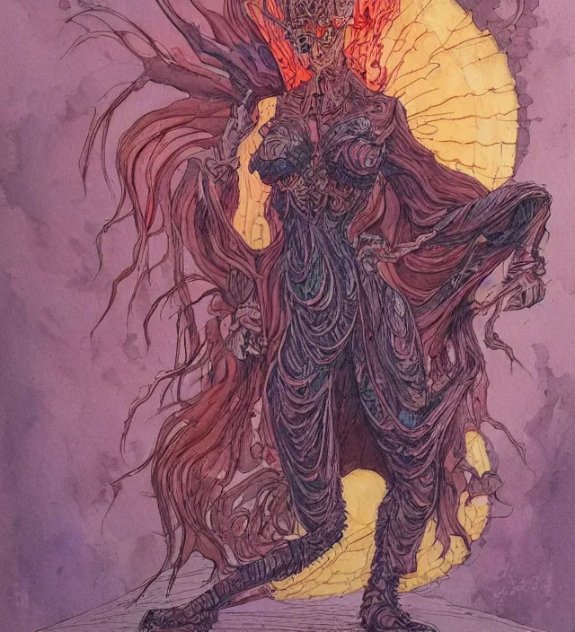 Prompt: a watercolor ink painting of a monstrous inhuman goddess of natural - disasters hiding in the style of jean giraud in the style of moebius trending on artstation deviantart pinterest detailed realistic hd 8 k high resolution