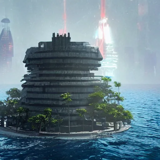 Prompt: a island in the middle of the ocean with a large dystopian cyberpunk tower on it.