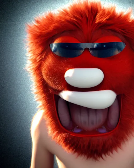 Prompt: 3 d render of completely red hairy friendly antropomorphic creature wearing chrome shades, without nose, smiling, full body, standing on 2 feet, in the style of pixar, white background, unreal engine 5, octane render, highly detailed hdr