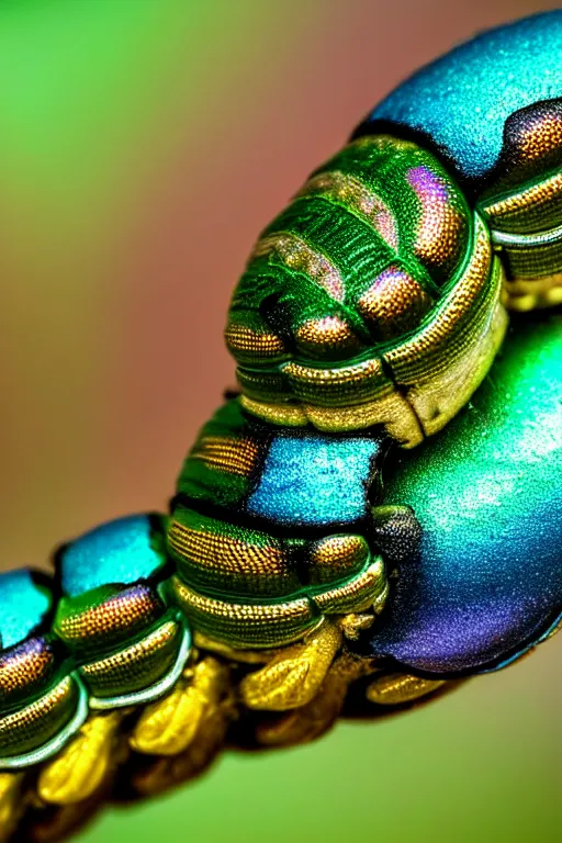 Image similar to high quality macro photo iridescent cyborg full caterpillar! cute highly detailed david ligare elson peter cinematic teal lighting high quality low angle hd 8k sharp shallow depth of field