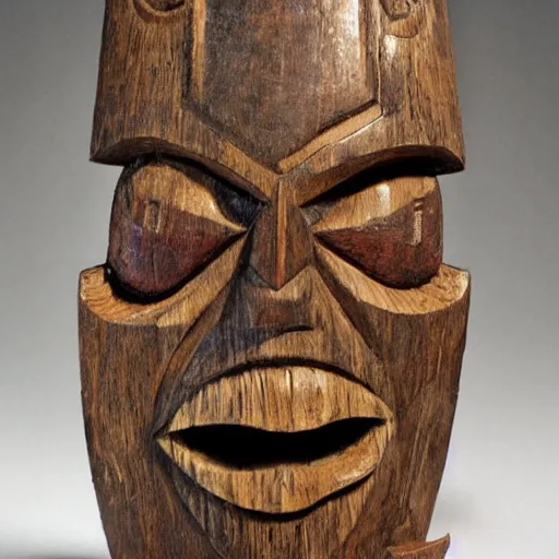 Image similar to tiki mask, carved wood, photo, surrealistic, creepy, dark, epic, cinematic, style of atget, detailed