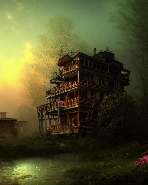 Prompt: a beautiful photorealistic illustration of city log house urbex abandoned unfinished building architecture nature building industrial architecture by ivan aivazovsky, flowers vaporwave at night at dusk fantasy, archdaily, wallpaper, highly detailed, trending on artstation.