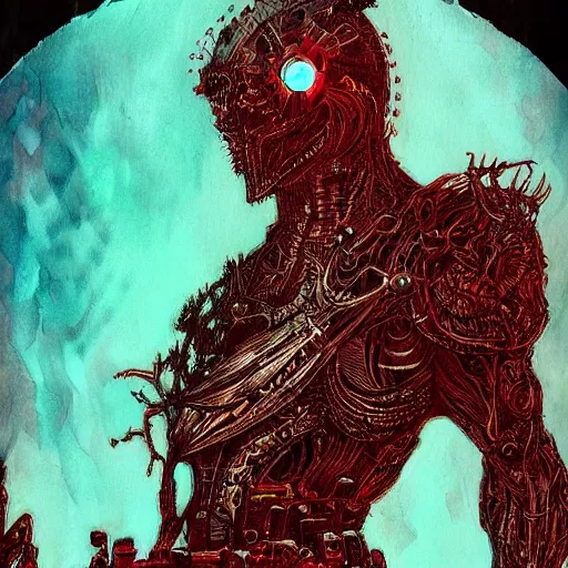 Image similar to blood hunter inspirer, in the style of philippe druillet, trending on artstation, iridescent cyan lighting camera view from above trending on artstation, bokeh, stuckism, futuresynth, dada