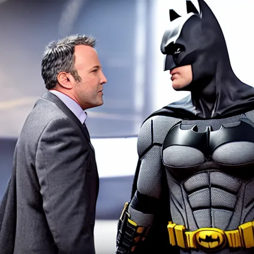 Prompt: A still of Ben Affleck's Batman meeting Michael Keaton's Batman, 4k, photograph, ultra realistic, highly detailed, studio lighting