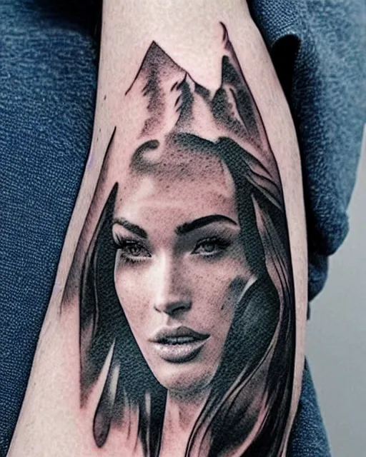 Image similar to double exposure effect tattoo sketch of a megan fox faded with a beautiful mountain scenery, in the style of matteo pasqualin, amazing detail, sharp