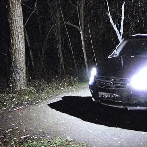 Image similar to dashcam photo of a humanoid devil monster caught in the woods, dark, heavy, night,