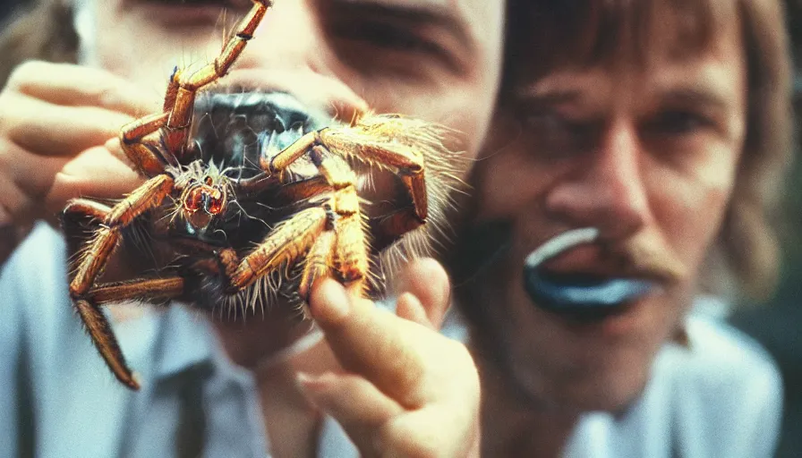 Prompt: 7 0 s movie still of a man with a spider in the mouth, cinestill 8 0 0 t 3 5 mm eastmancolor, heavy grain, high quality, high detail