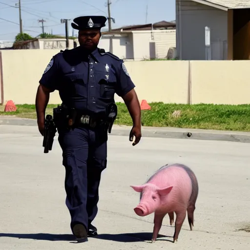 Prompt: a pig cop on patrol in compton