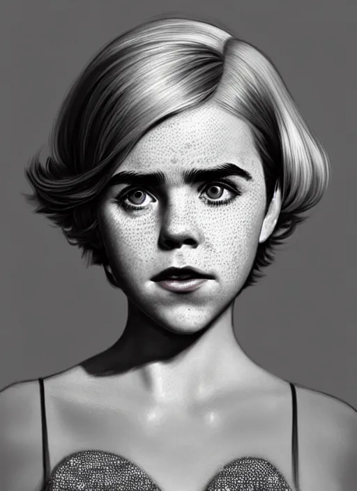 Image similar to portrait of kiernan shipka with freckles, white hair, 1 9 6 0 s bob hairstyle, hairstyle with bangs, 1 9 6 0 s bob hair with bangs and hairband, intricate, elegant, glowing lights, highly detailed, digital painting, artstation, concept art, smooth, sharp focus, illustration, art by wlop, mars ravelo and greg rutkowski