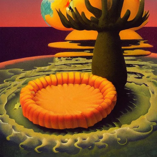 Image similar to a beautiful painting by gerald brom trending on artstation aquatic deepfried hovering reservoir cylinder corgie mango Beech New York Pie, by Felix Vallotton and Johfra Bosschart and Monsù Desiderio, impression