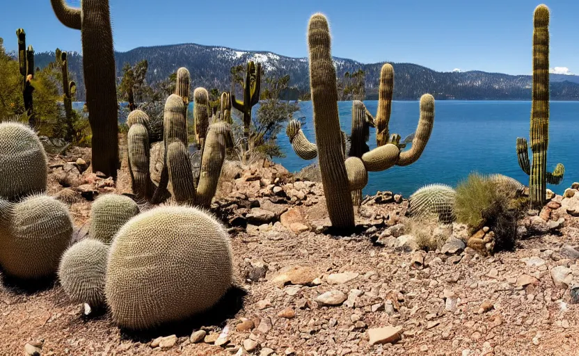 Image similar to lake tahoe, without water, cactus, desert, dry and hot