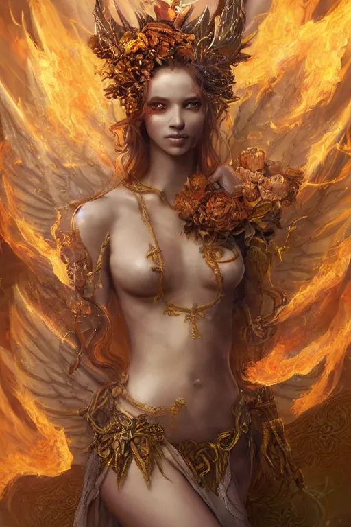 Prompt: beautiful girl sorcerer covered with fire and golden dragon skin, cute fairy girl with crown of flowers in plants bikini covered with celtic rune tattoos, casting magic spell, angel, fantasy, magic the gathering, hyper detailed, 3 d render, hyper realistic detailed portrait, peter mohrbacher, wlop, ruan jia, luis royo