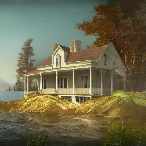 Image similar to colonial house on the shore of Lake Huron, felix Kelly, artstation, Matte painting