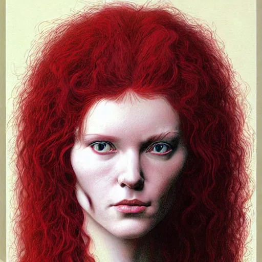 Prompt: Red-haired woman with long curly red hair. Art by Wayne Barlowe.