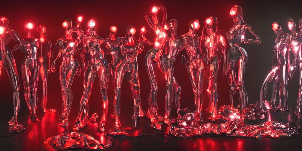 Image similar to !13 diverse cybersuits on !one_side of a reflective !metal table, !!posing_as_last_supper cinematic lighting, detailed glowing red implants, satin, crystal, liquid, floating, !!highly detailed