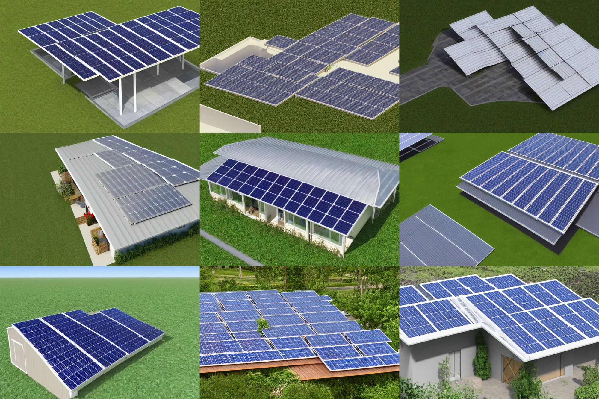 Prompt: Shed roof, covered with 3 rows and 3 columns of solar modules, symmetric alignment, isometric view