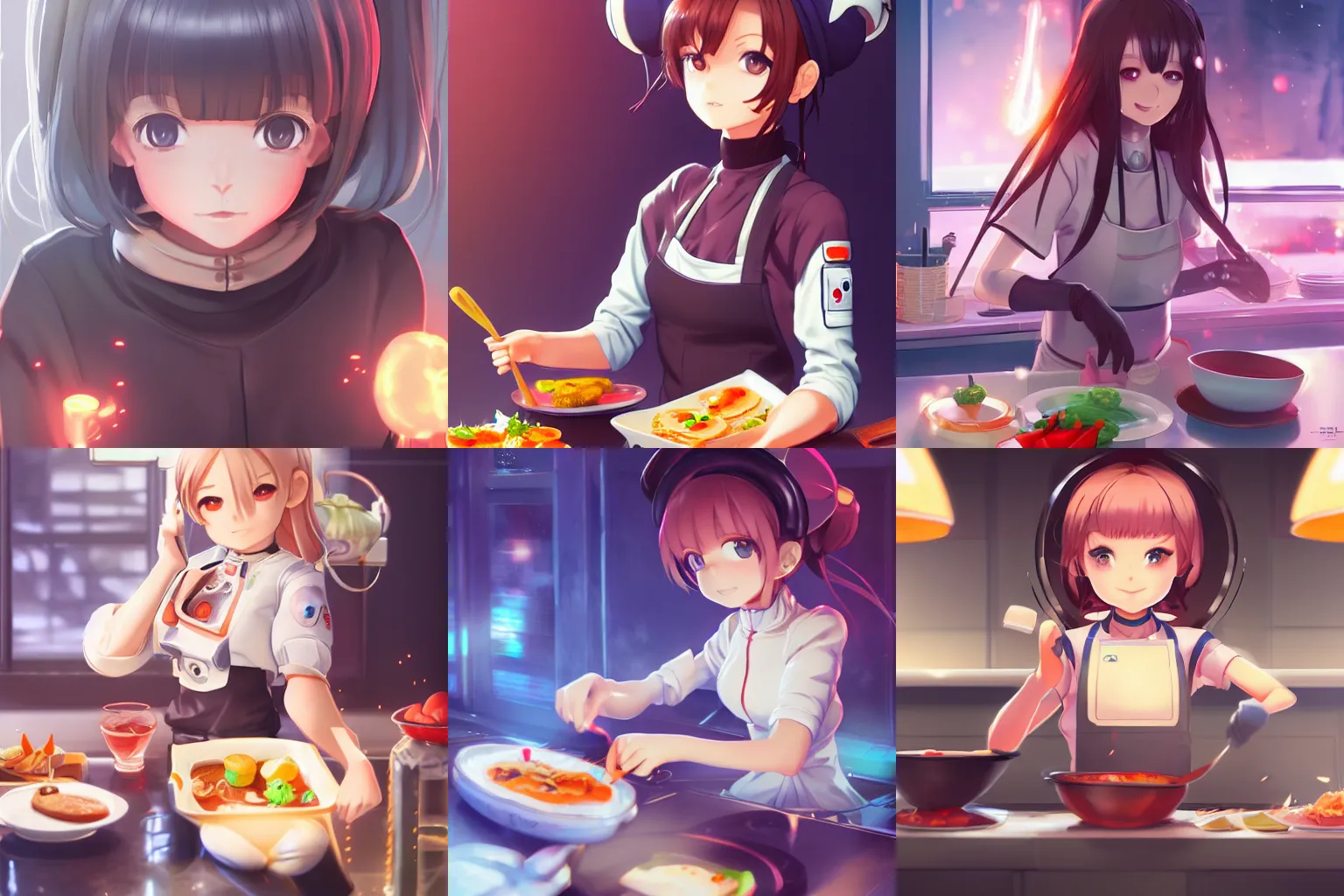 Prompt: a cute android girl cooking breakfast, character art portrait, anime key visual, official media, illustrated by wlop, extremely detailed, 8 k, trending on artstation, cinematic lighting, beautiful