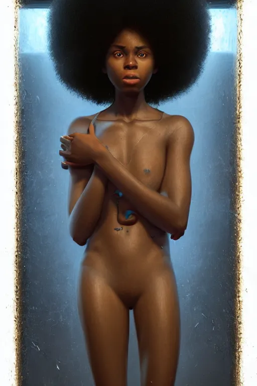 Image similar to beautiful and enigmatic afro american girl held captive in a remote research facility. vulnerability and innocence, ultra realistic, sharp details, subsurface scattering, intricate details, warm lighting, beautiful features, highly detailed, photorealistic, octane render, 8 k, unreal engine, art by artgerm and greg rutkowski and alphonse mucha
