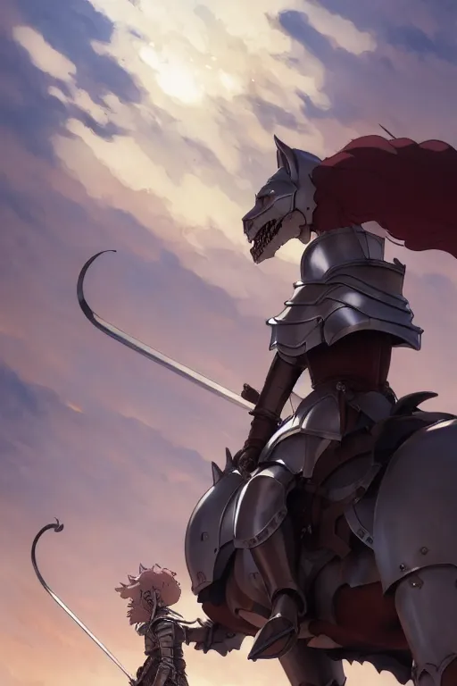 Image similar to a full body of the female knight riding a heavy armored giant cat, finely detailed features, closeup at the faces, perfect art, gapmoe yandere grimdark, trending on pixiv fanbox, painted by greg rutkowski makoto shinkai takashi takeuchi studio ghibli, akihiko yoshida