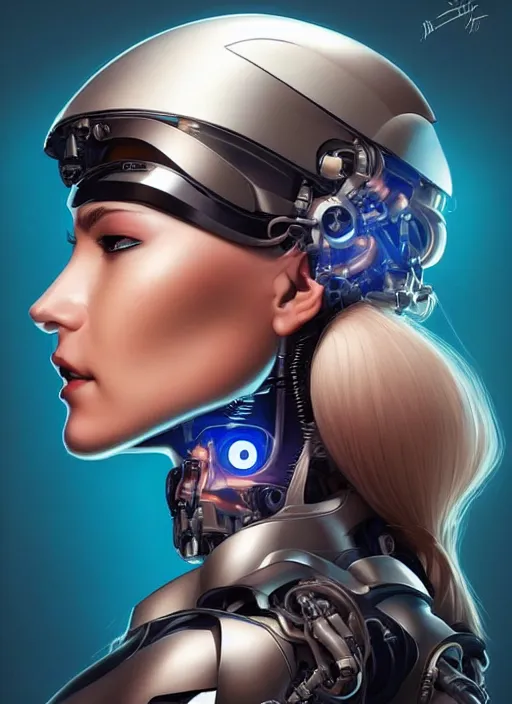 Prompt: portrait of a cyborg woman who turns her head to the ((((((right))))) left+100 (((((up))))) (((((down))))) by Artgerm,eyes closed , biomechanical, hyper detailled, trending on artstation