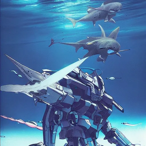 Image similar to aquatic gundam with a shark face, amphibious combat mecha mobile suit holding a scifi weapon, over under shot, cinematic by wayne barlowe, pascal blanche, victo ngai