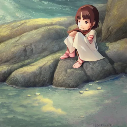 Prompt: a painting of a little girl sitting on a rock, a digital painting by hayao miyazaki, cgsociety, metaphysical painting, 2 d game art, storybook illustration, detailed painting