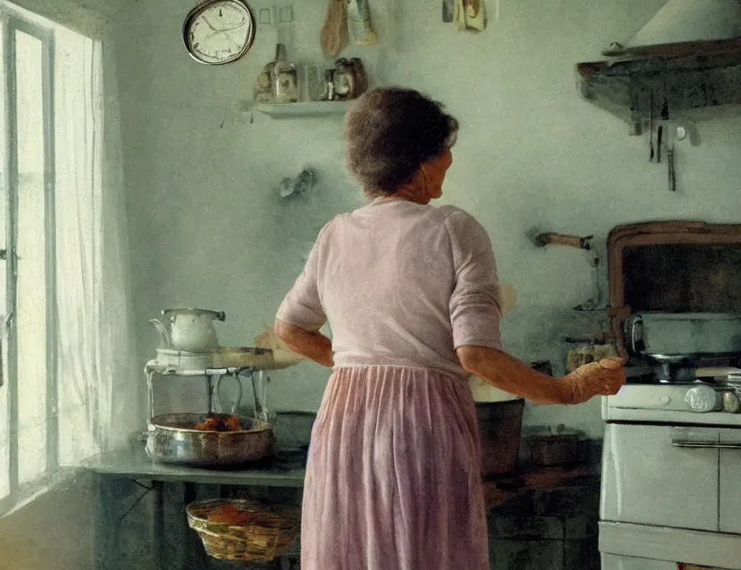 Image similar to grandmother cooking in a kitchen in country house, back view, cottage core, cinematic focus, polaroid photo bleached vintage pastel colors high - key lighting, soft lights, foggy, by steve hanks, by lisa yuskavage, by serov valentin, by tarkovsky, 8 k render, detailed, oil on canvas