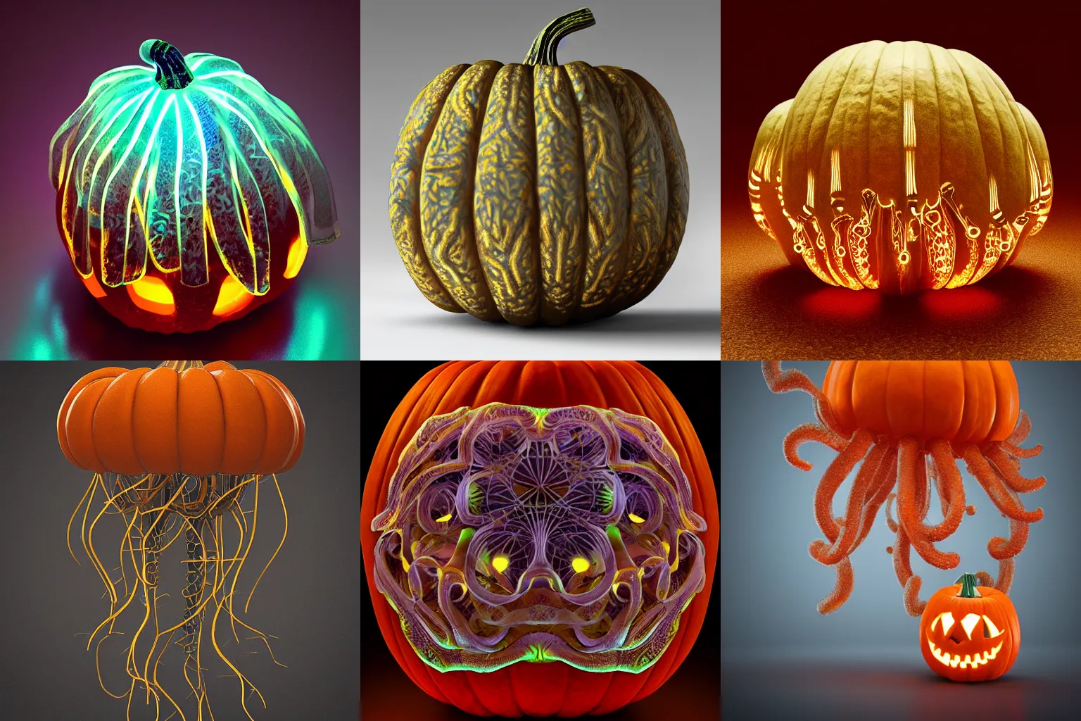 Prompt: intricate pumpkin artwork jellyfish bio-mechanical bio-luminescence, octane render, trending on artstation, hyper realism, 8k, fractals, patterns
