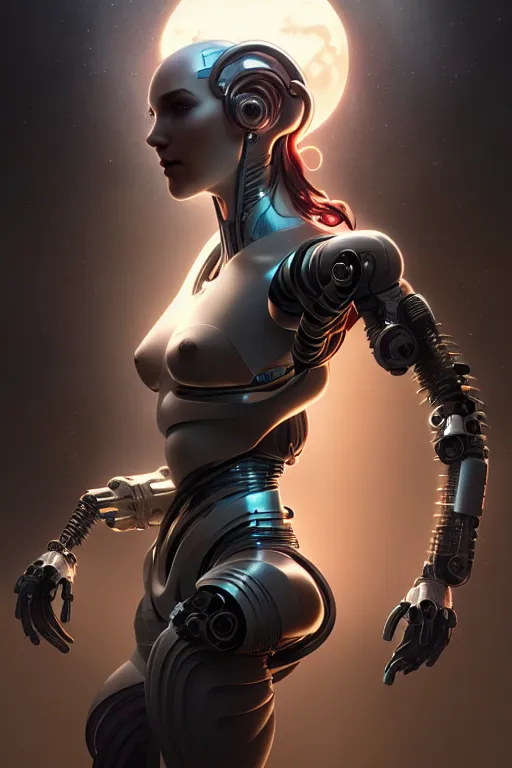 Image similar to ultra detailed, the creation of a female android, sci - fi, eerie, cyborg, cyberpunk, fantasy, triadic color scheme, octane render, matte painting, asymmetrical, intricate concept art, triadic color scheme, art by artgerm and michelangelo and dzo and greg rutkowski and alphonse mucha and wlop