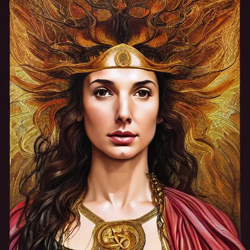 Image similar to Full body oil painting of the beautiful goddess Gal Gadot, she is wearing a peplos and a surreal ornate, her hair is natural disheveled, she is approaching heaven over the clouds, naturalism, dramatic lighting, high-detailed oil painting by Ilya Repin, Michelangelo da Caravaggio, William Blake, Alex Grey and Beksinski, trending on Artsation, hystorical painting, naturalism, masterpiece, 4k, 8k,