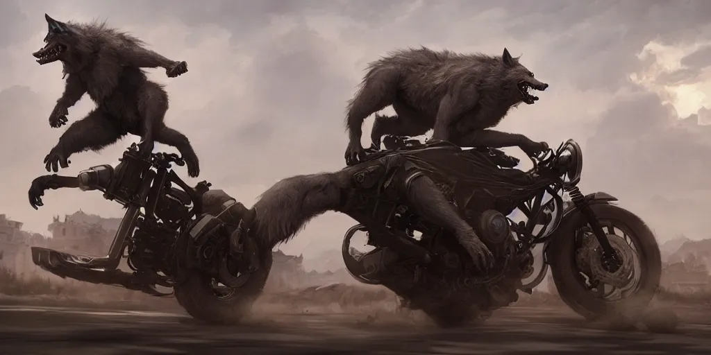 Prompt: Crazy werewolf riding a motorbike, level design, Greg Rutkowski, artstation, CGSociety, Unreal Engine, matte paiting, ultra realistic, award winning, artstation, unreal render