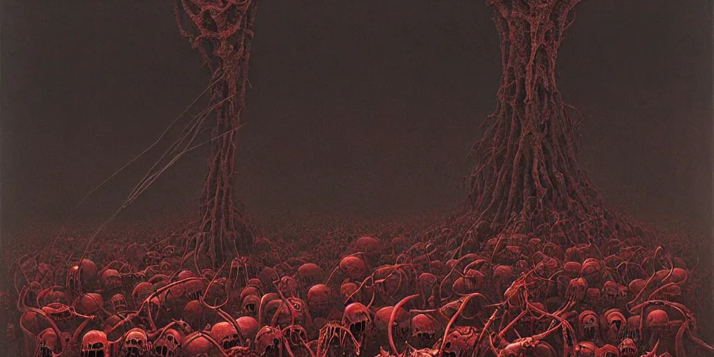 Image similar to horde of dark red insects crawling through the cavities of a large moose skull, Zdzislaw Beksinski, Wayne Barlowe, gothic, cosmic horror, dystopian, biomorphic, lovecraftian, amazing details, cold hue's