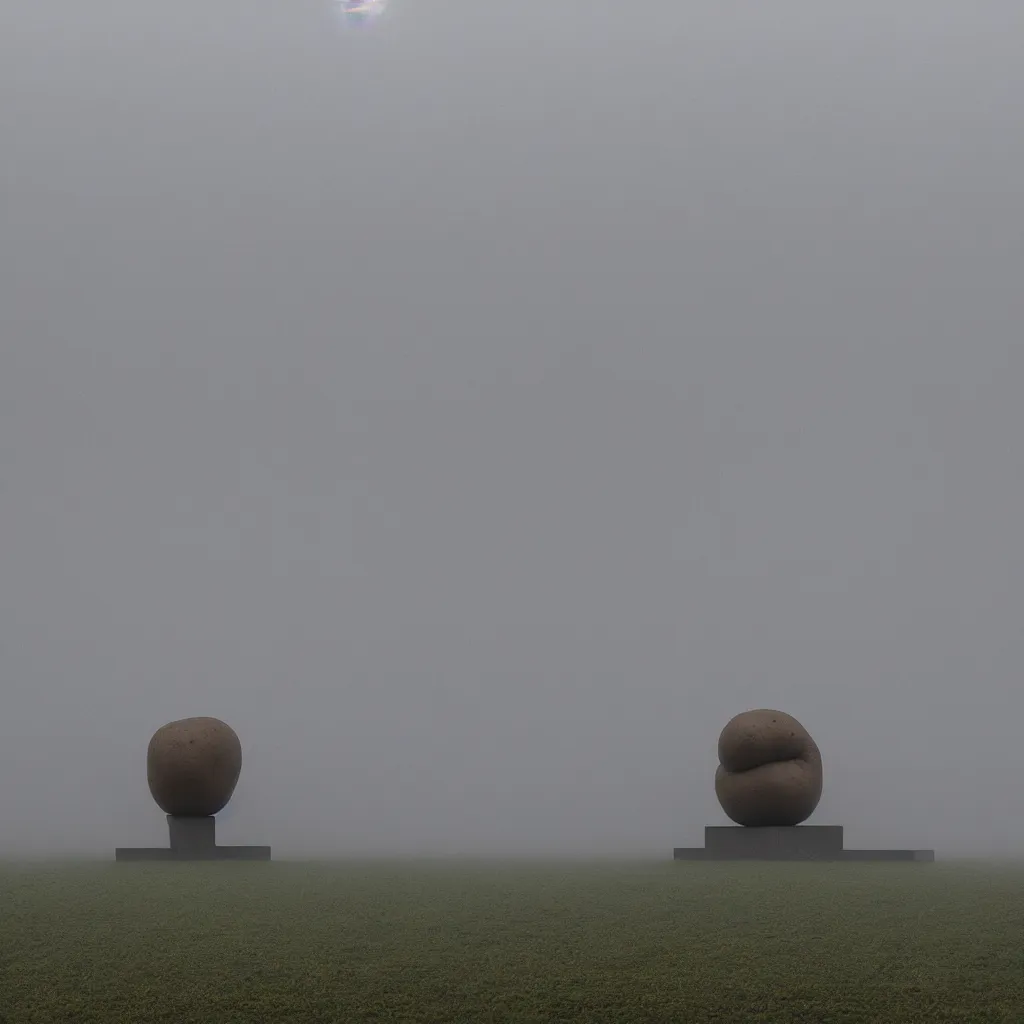 Image similar to soviet brutalism style, big sculpture of one potato in foggy field, very detailed, 4 k, professional photography