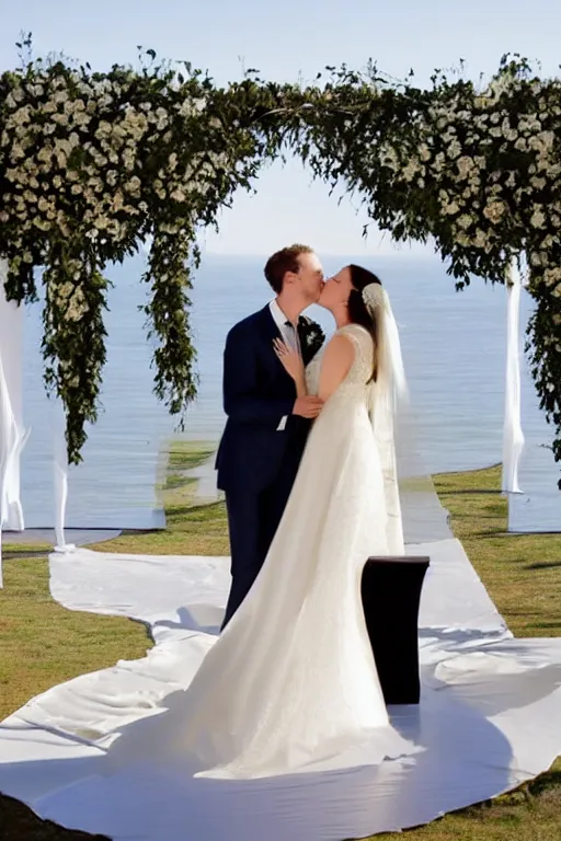 Image similar to beautiful wedding photography of mark zuckerburg getting married to elon musk, kissing, professional photo