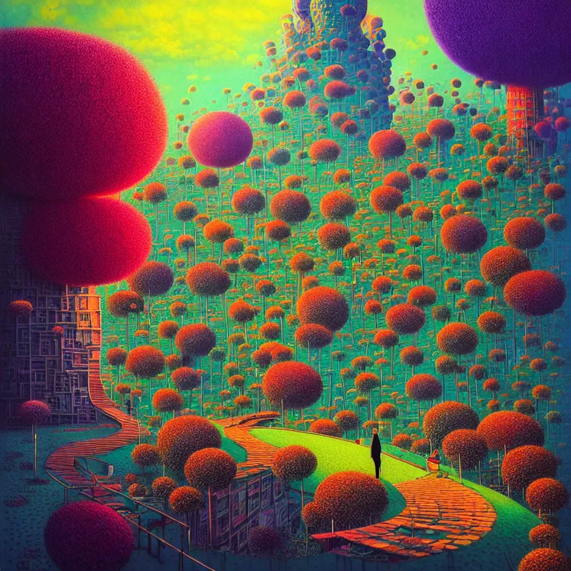 Image similar to surreal glimpse into other universe, mahanakorn tower, summer morning, very coherent and colorful high contrast, art by!!!! gediminas pranckevicius!!!!, geof darrow, floralpunk screen printing woodblock, dark shadows, hard lighting, stipple brush technique,