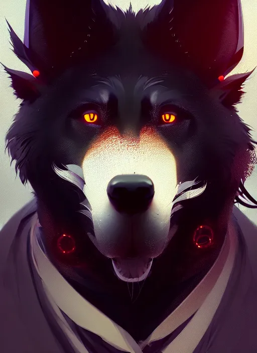 Image similar to beautiful headshot portrait of a male anthropomorphic black wolf red long hair. character design by cory loftis, fenghua zhong, ryohei hase, ismail inceoglu and ruan jia. artstation, volumetric light, highly detailed, photorealistic, fantasy, rendered in octane