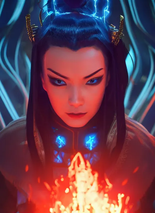 Image similar to Azula from avatar the last Airbender posing, blue flames, dark atmosphere, cinematic shot, intricate, ornate, photorealistic, ultra detailed, realistic, 100mm, photography, octane, high definition, depth of field, bokeh, 8k, artstation