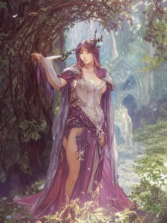 Image similar to anime key visual of amora the enchantress wearing a medieval gown!! intricate, magical forest, stunning, highly detailed, digital painting, artstation, smooth, hard focus, illustration, art by artgerm and greg rutkowski and alphonse mucha