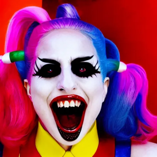 Image similar to close-up photograph of Lady Gaga portraying Harley Quinn while laughing in the movie Joker 2023, dancing pose, moody lighting, award winning photo by Annie Leibovitz, 4k