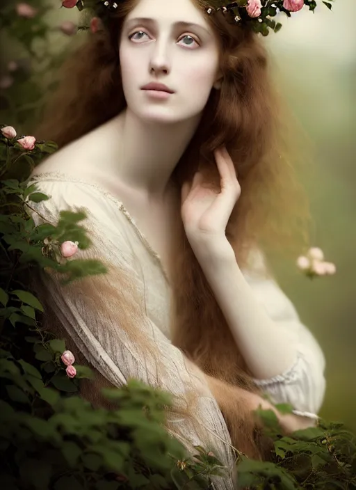 Prompt: portrait photography of a beautiful woman how pre-Raphaelites beauty type in style of Giovanni Gastel, britt marling style 3/4 , natural color skin, long hair are intricate with highly detailed realistic branches with little point rose' gems flowers like a crown, a beautiful ethereal lace transparent dress, 8K, soft focus, melanchonic soft light, volumetric lighting, highly detailed Realistic, Refined, Highly Detailed, natural point rose' outdoor soft pastel lighting colors scheme, outdoor lighting, fine art fashion photography