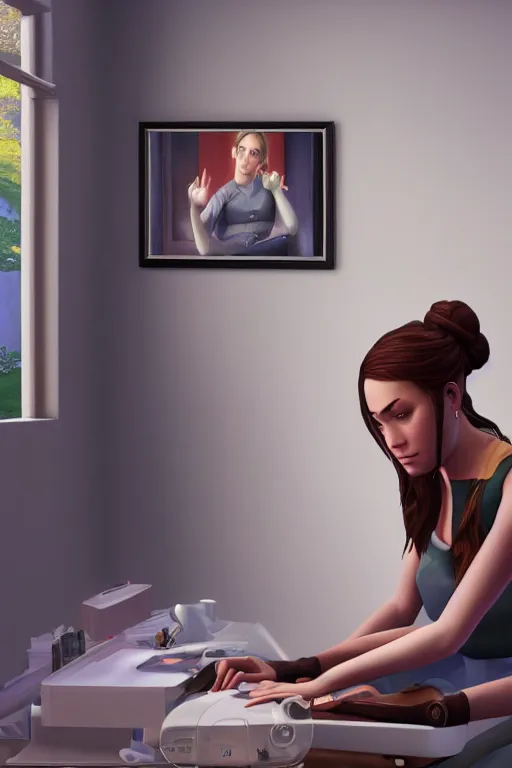 Image similar to lauren playing the sims 4, oil on canvas, intricate, portrait, 8 k highly professionally detailed, hdr, cgsociety