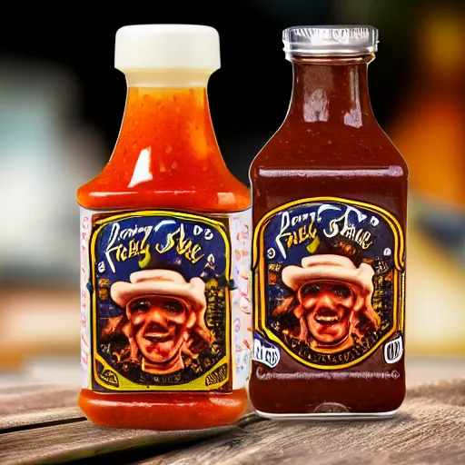 Image similar to a bottle of sweet baby ray's bbq sauce with the face of stevie ray vaughan on the bottle, realistic, hyperrealistic, ultra realistic, real, real world, highly detailed, very detailed, extremely detailed, intricate details, 8 k resolution, hd quality